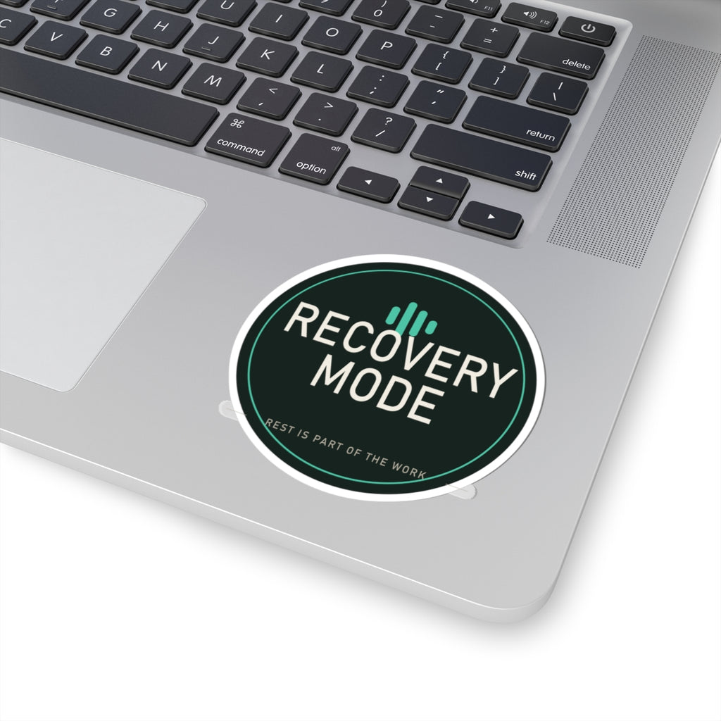 Recovery Mode: ON kiss-cut sticker — applied lifestyle photo