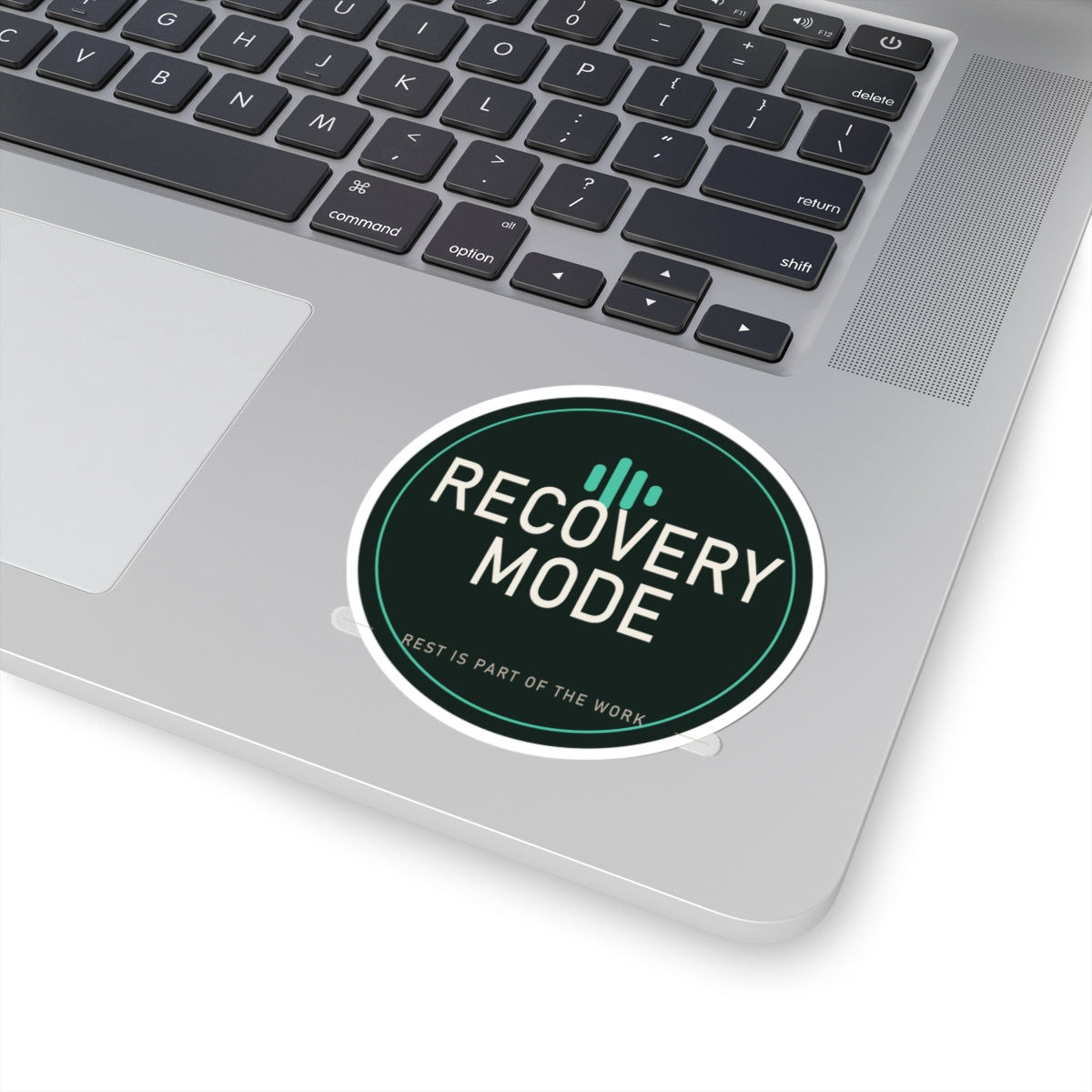 Recovery Mode: ON kiss-cut sticker — applied lifestyle photo
