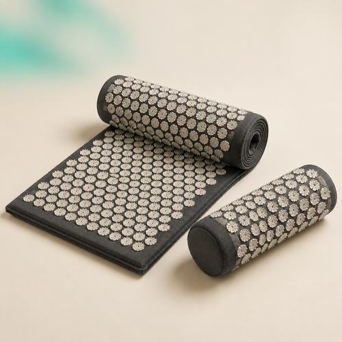 Charcoal acupressure mat and bolster pillow set, cream studio