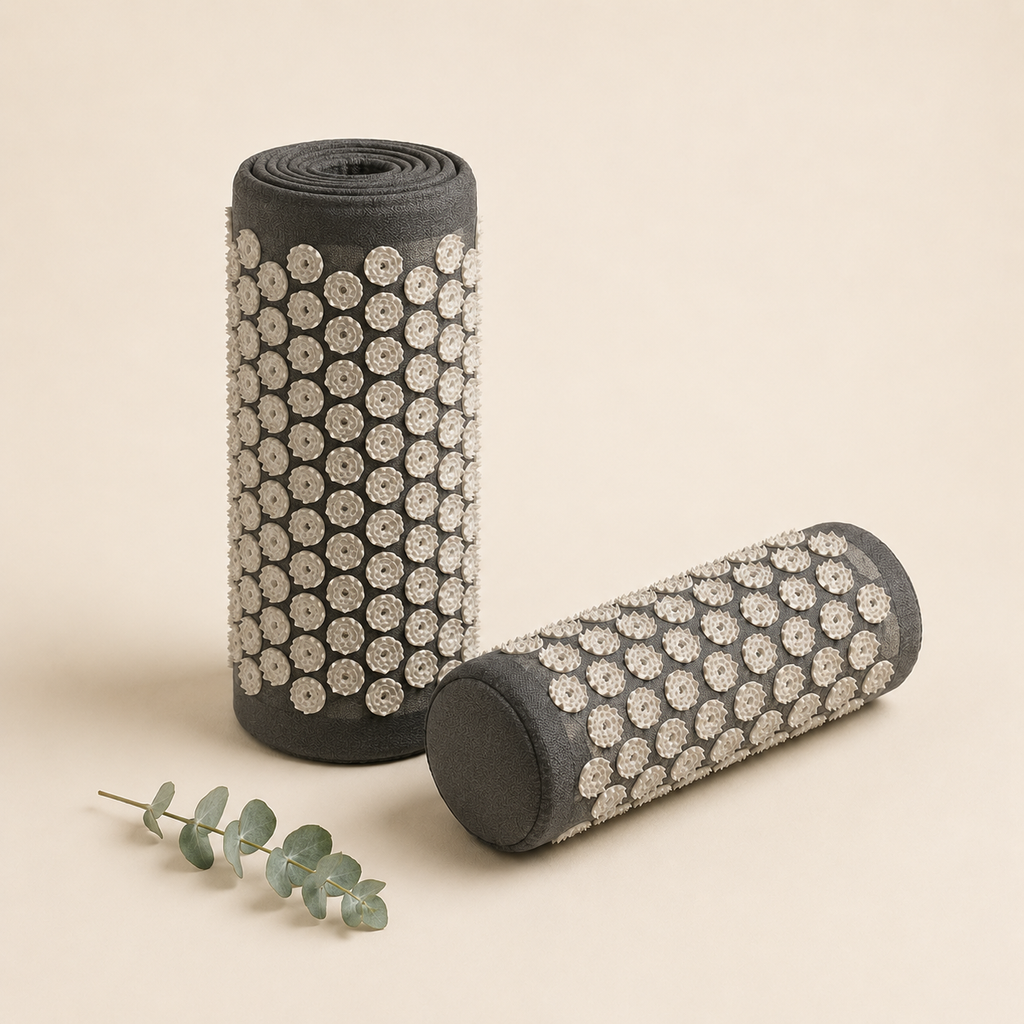 Charcoal acupressure mat rolled with bolster pillow, cream studio