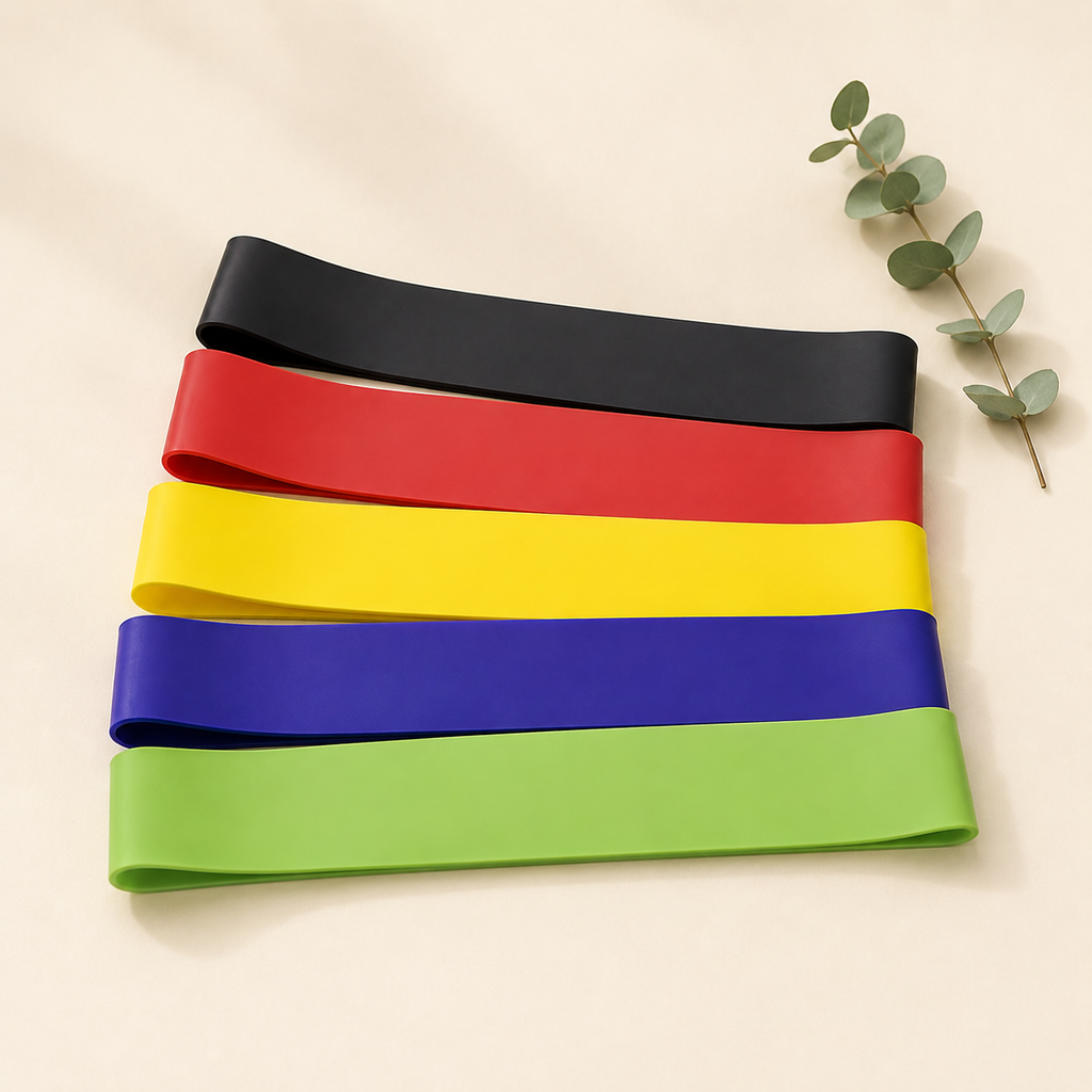 Resistance band set flat-lay with eucalyptus, cream and teal