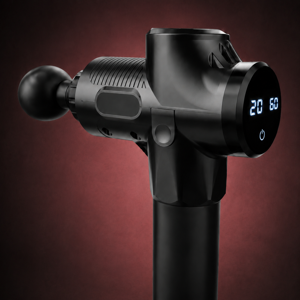 Percussion massage gun detail — LED display, ball head, textured grip on warm crimson studio backdrop