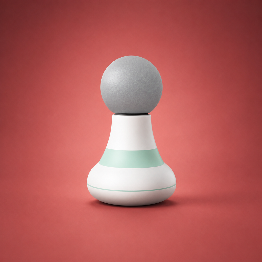 Mini massage gun upright studio view — white body, green ring, grey ball head on warm crimson backdrop