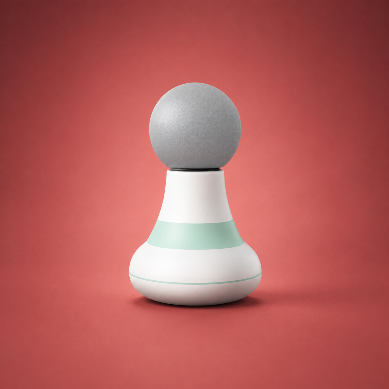 Mini massage gun upright studio view — white body, green ring, grey ball head on warm crimson backdrop
