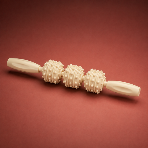 Cream muscle roller stick — three textured rollers, premium studio hero on warm crimson backdrop